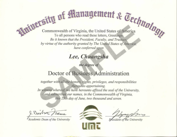 美国管理技术大学UMT博士证书学位样本