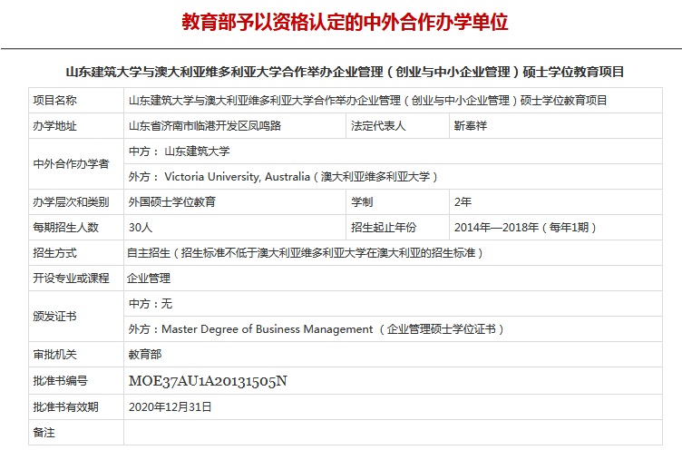 山东建筑大学与澳大利亚维多利亚大学企业管理硕士学位（MBM）教育项目涉外监管网批准图片